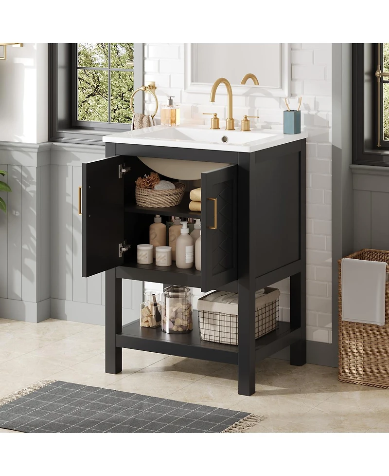 Sillysis 24 Inch Bathroom Vanity with Sink, Modern Solid Wood Mdf Cabinet, Adjustable Shelf and Soft Close Doors, Space Saving Design