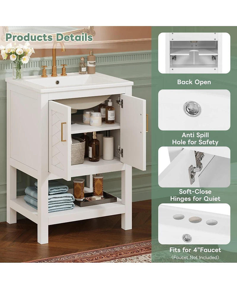 Sillysis 24 Inch Bathroom Vanity with Sink, Modern Solid Wood Mdf Cabinet, Adjustable Shelf and Soft Close Doors, Space Saving Design