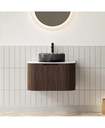 Sillysis Wall Mounted Bathroom Vanity with Crystal Glass Vessel Sink, Wood Grain Cabinet