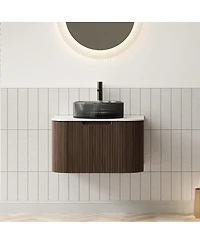 Sillysis Wall Mounted Bathroom Vanity with Crystal Glass Vessel Sink, Wood Grain Cabinet