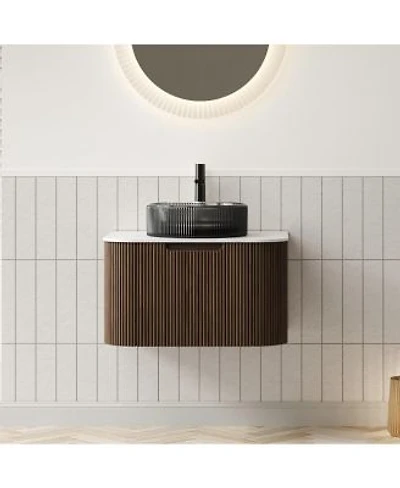 Sillysis Wall Mounted Bathroom Vanity With Crystal Glass Vessel Sink Wood Grain Cabinet Pre Assembled