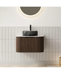 Sillysis Wall Mounted Bathroom Vanity With Crystal Glass Vessel Sink Wood Grain Cabinet Pre Assembled