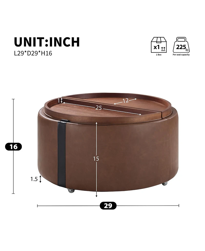 Streamdale Furniture 29" Round Storage Ottoman with Reversible Lids and Caster Wheels