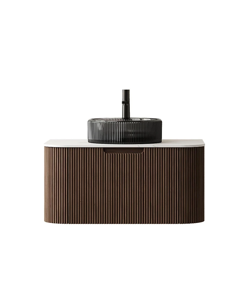 Sillysis Wall Mounted Bathroom Vanity with Crystal Glass Vessel Sink, Wood Grain Cabinet