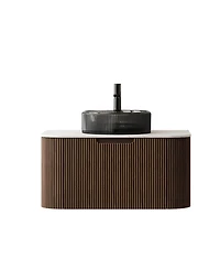 Sillysis Wall Mounted Bathroom Vanity with Crystal Glass Vessel Sink, Wood Grain Cabinet