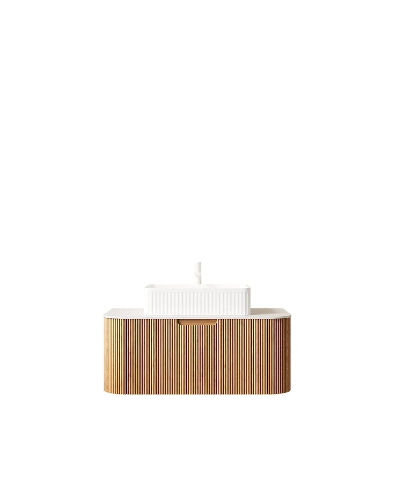 Sillysis Wall Mounted Bathroom Vanity with Rectangular Ceramic Sink, Modern Wood Grain Cabinet, Soft Close Drawer