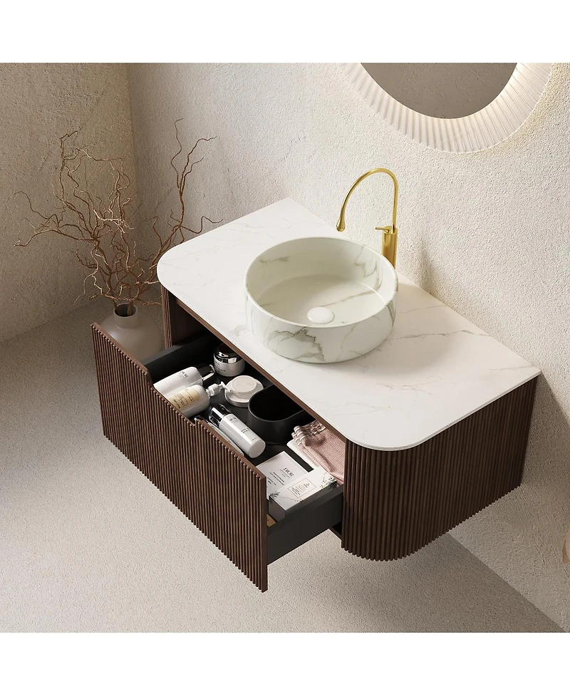 Sillysis Wall Mounted Bathroom Vanity with Sintered Stone Top, Round Ceramic Basin, Stripe Drawer