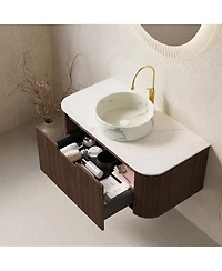 Sillysis Wall Mounted Bathroom Vanity with Sintered Stone Top, Round Ceramic Basin, Stripe Drawer