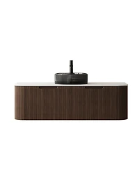 Sillysis Wall Mounted Bathroom Vanity with Crystal Glass Vessel Sink, Wood Grain Cabinet, Pre-assembled