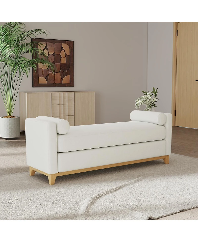 Streamdale Furniture 66.34" Sherpa Fleece Upholstered Bench with Wood Legs and 2 Bolster Pillows