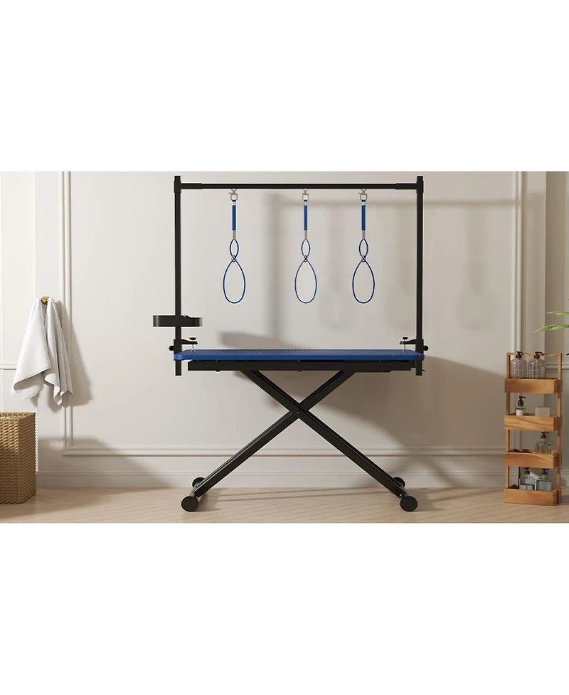 Streamdale Furniture 47 Inch X Lift Foldable Dog Grooming Table with Adjustable Arms and Organizer