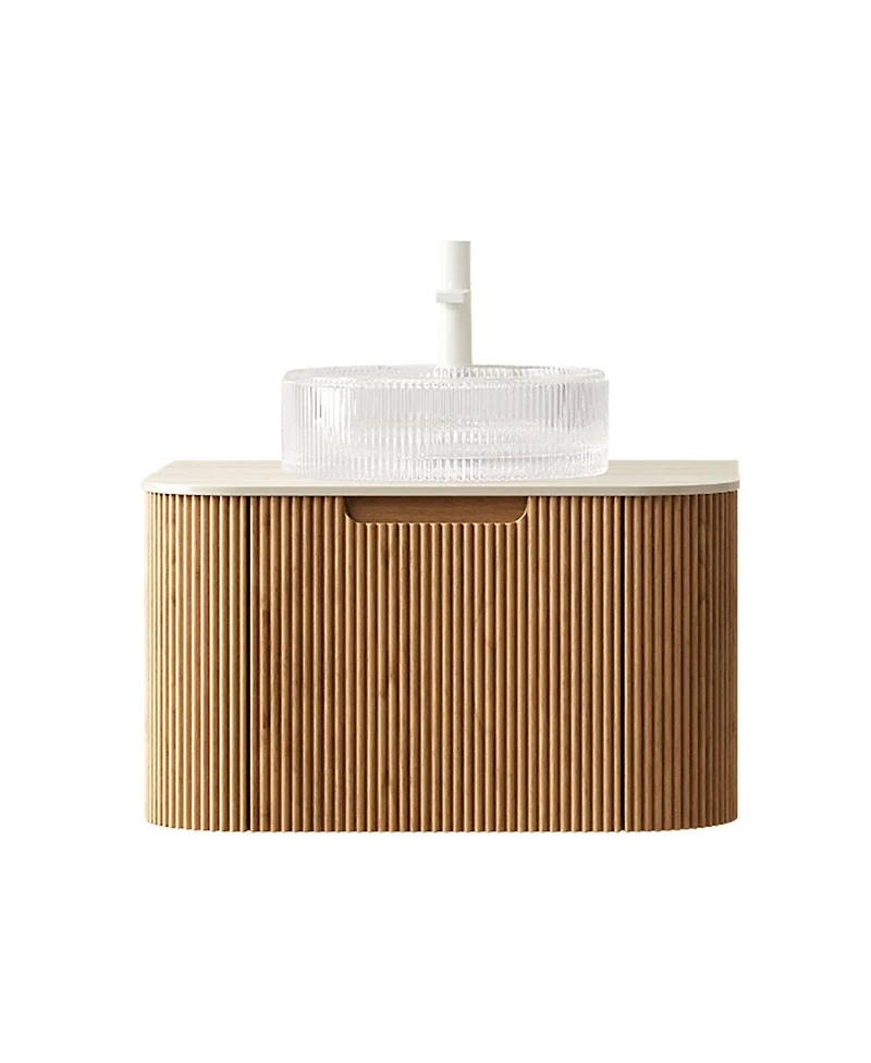Sillysis Wall Mounted Bathroom Vanity with Crystal Glass Round Sink, Wood Grain Cabinet, Sintered Stone Top