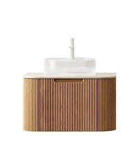 Sillysis Wall Mounted Bathroom Vanity with Crystal Glass Round Sink, Wood Grain Cabinet, Sintered Stone Top