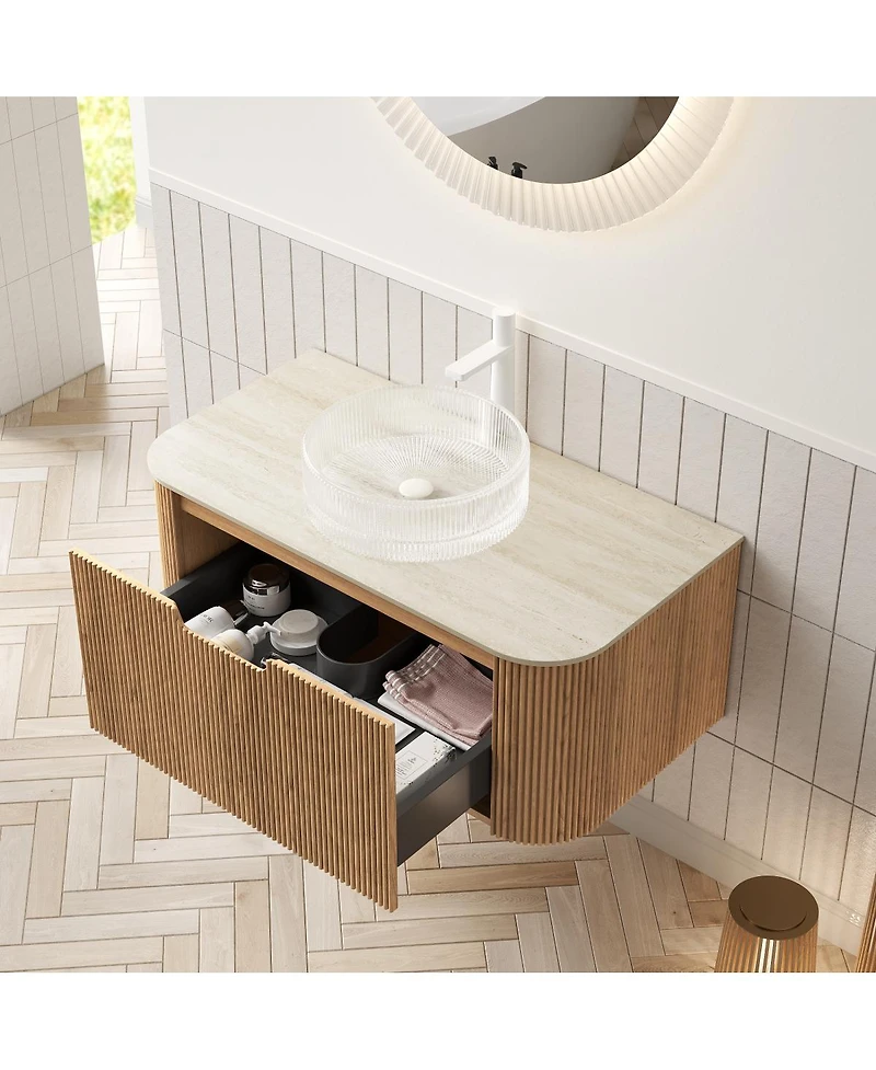 Sillysis Wall Mounted Bathroom Vanity with Crystal Glass Round Sink, Wood Grain Cabinet, Sintered Stone Top