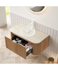 Sillysis Wall Mounted Bathroom Vanity with Crystal Glass Round Sink, Wood Grain Cabinet, Sintered Stone Top
