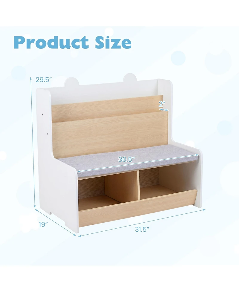 Gymax Kids Reading Nook with Bench Bookshelf and 2 Cubbies Removable Padded Seat Cushion