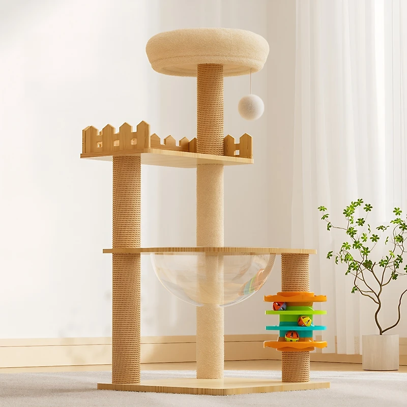 Streamdale Furniture 39.3" Modern Wood Cat Tree with Sisal Scratching Posts, Condo, and Acrylic Hammock