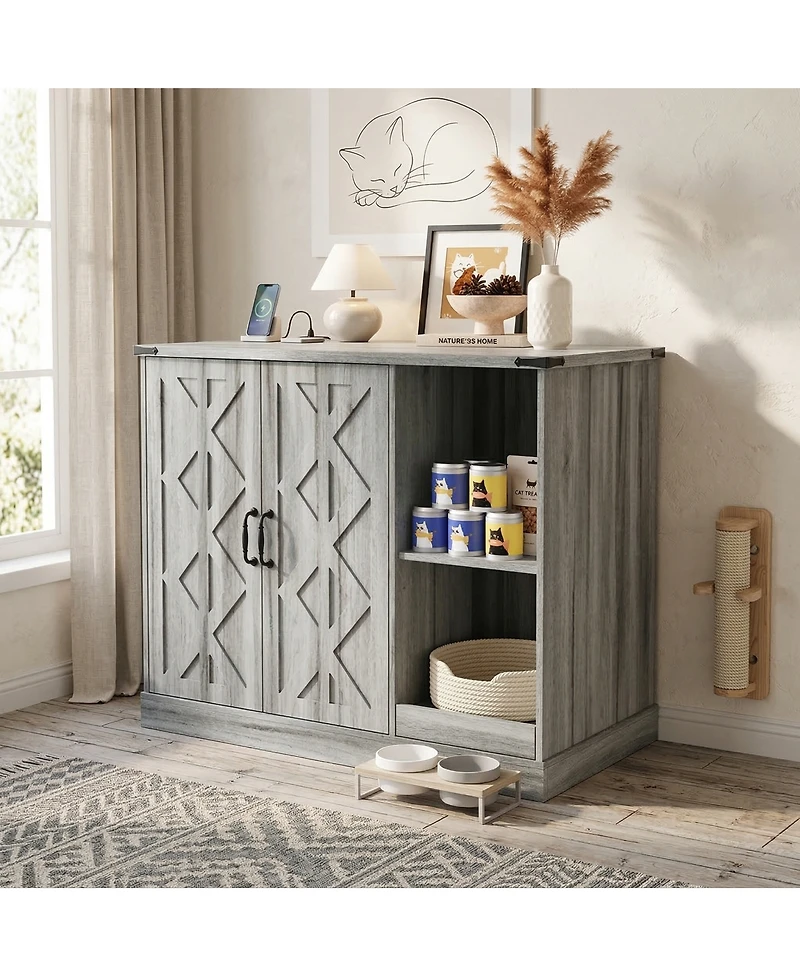 Streamdale Furniture Modern Cat Litter Box Cabinet with Power Outlet and Storage