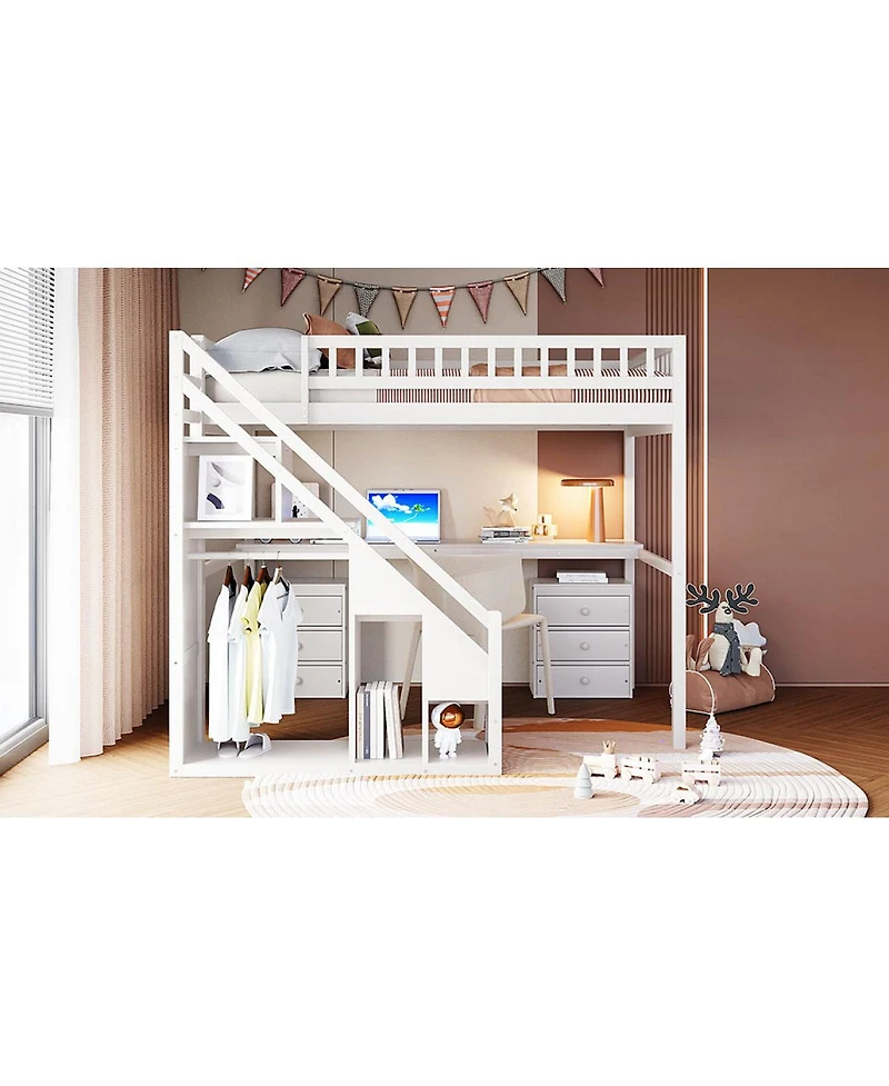 Streamdale Furniture Loft Bed with Two Chest of Drawers, Desk and Light Strip