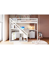 Streamdale Furniture Loft Bed with Two Chest of Drawers, Desk and Light Strip