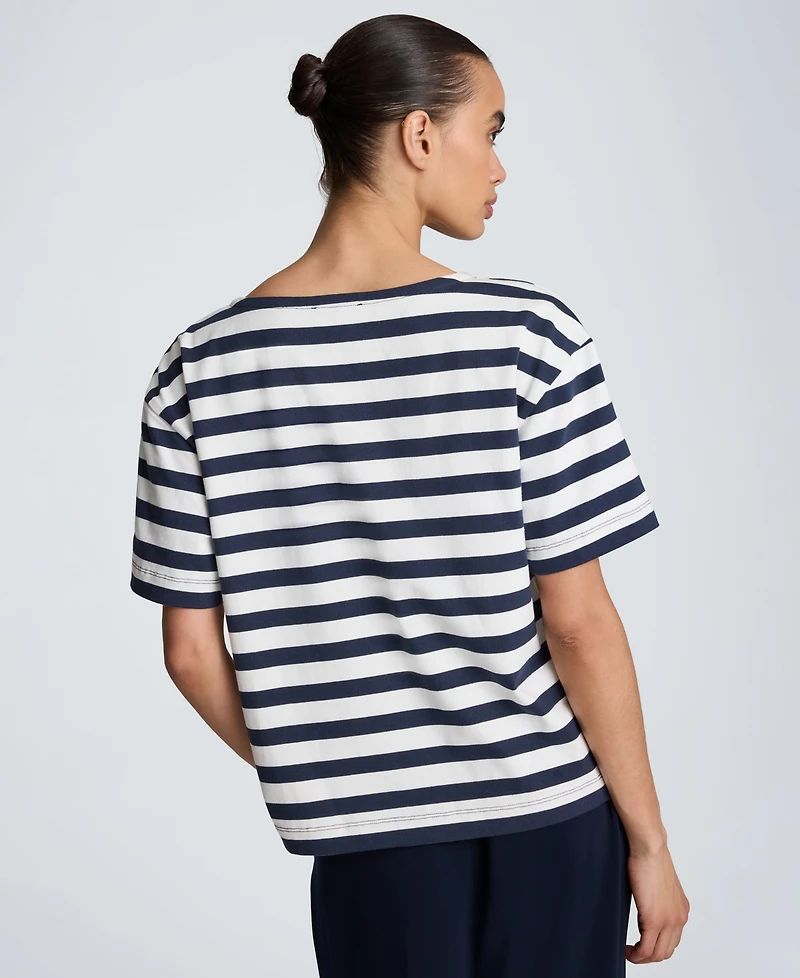 Kenneth Cole Women's Cotton Boat Neck Stripe Top