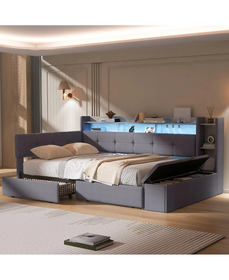 Streamdale Furniture Upholstered Daybed with Storage, Drawers, Usb, Led and Shelves