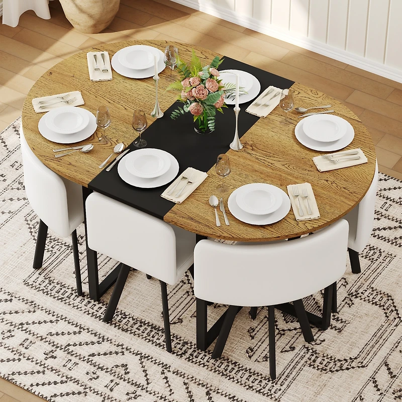 Streamdale Furniture 7-Piece Oval Dining Table Set with 6 White Pu Leather Chairs