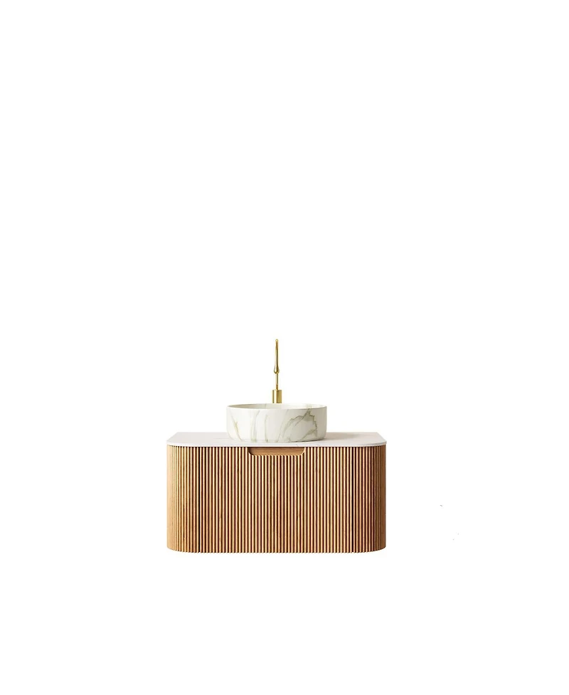 Sillysis Wall Mounted Bathroom Vanity with Sintered Stone Top, Round Ceramic Basin, Soft Close Drawer, Pre-assembled