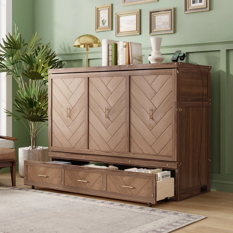 Streamdale Furniture Queen Size Pine Wood Murphy Bed with Usb Charging Station