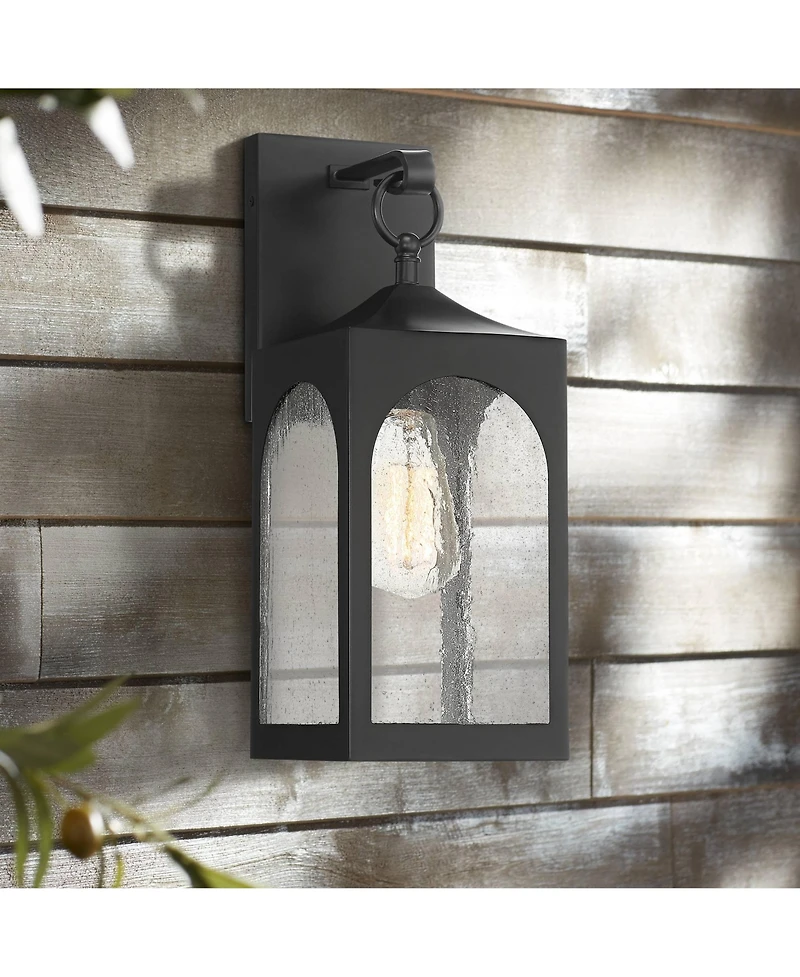 Possini Euro Design Tyne Modern Outdoor Wall Light Fixtures Set of 2 Matte Black Metal 16 1/2" Seedy Glass for Post Exterior Barn Deck