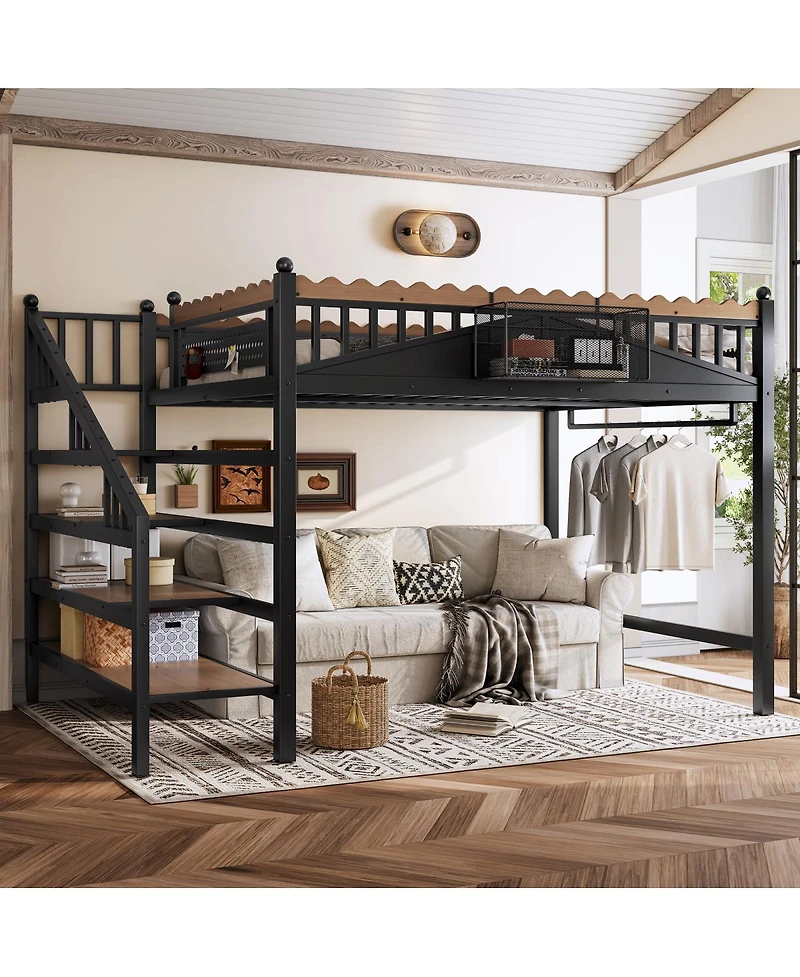Streamdale Furniture Queen Size Metal Loft Bed with Storage Stairs and Bookshelf