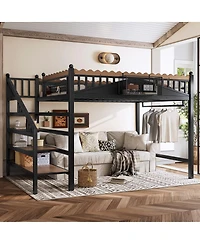 Streamdale Furniture Queen Size Metal Loft Bed with Storage Stairs and Bookshelf