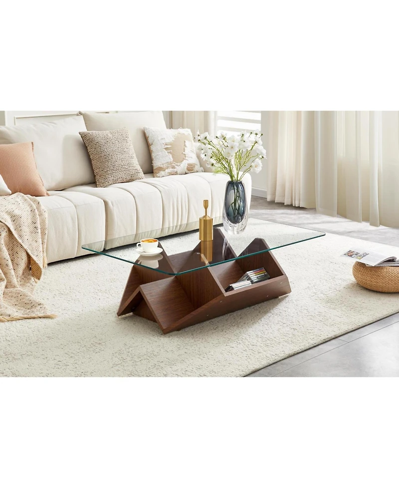 Rainsken 43.5" Glass Coffee Table with Tempered Top and Wood Base, Multi-Storage Open Compartments for Living Room Office