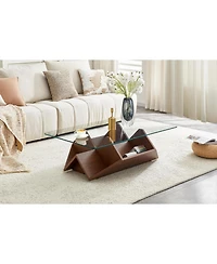 Rainsken 43.5" Glass Coffee Table with Tempered Top and Wood Base, Multi-Storage Open Compartments for Living Room Office