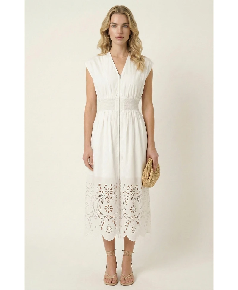 Modenaire Women's Cap-Sleeve Smocked-Waist Eyelet-Hem Dress