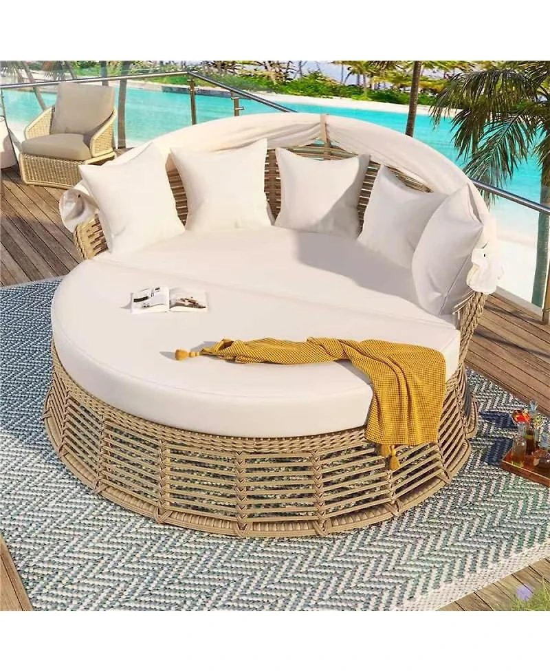Streamdale Furniture Outdoor Rattan Round Daybed with Retractable Canopy and Cushions