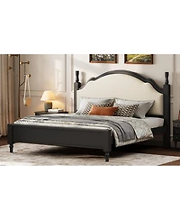 Streamdale Furniture King Size Wood Platform Bed with Upholstered Headboard, Frame plus Fabric