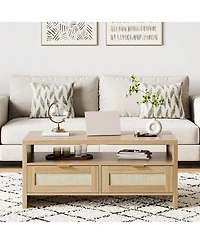 gaomon Boho Rattan Coffee Table - Modern Rectangular Oak Center Table - Wide, 2 Drawers, Open Shelf, Metal Handles - Living Room, Apartment