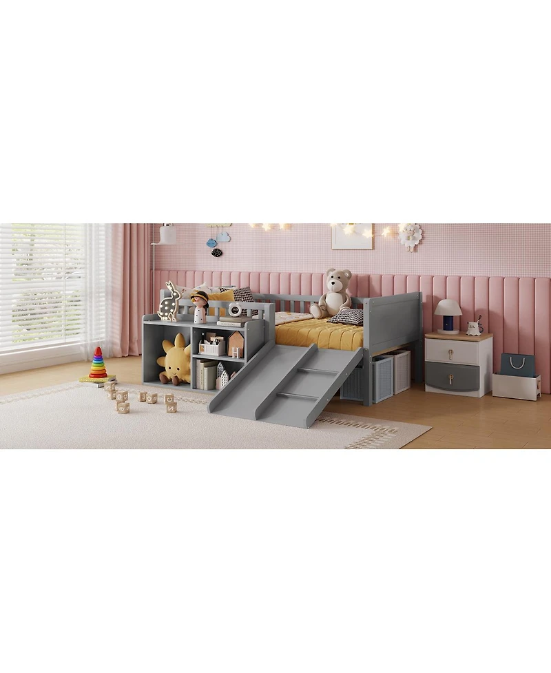 Streamdale Furniture Twin Low Loft Bed with Slide and Movable Bookshelf