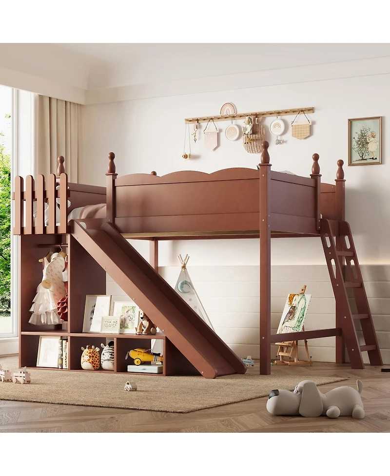 Streamdale Furniture Solid Wood Loft Bed with Storage, Wardrobe, and Slide,
