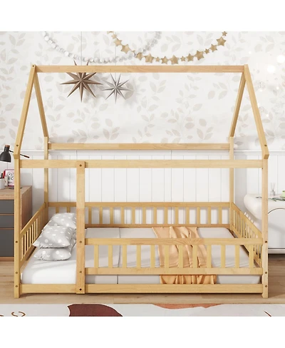 Streamdale Furniture Full Size House Floor Wooden Bed with Roof Frame, Safety Guardrails