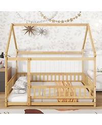 Streamdale Furniture Full Size House Floor Wooden Bed with Roof Frame, Safety Guardrails