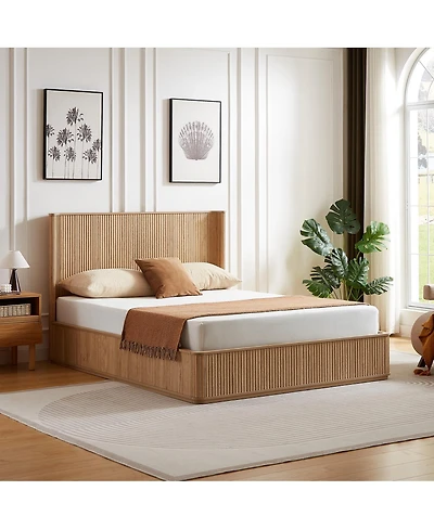 Streamdale Furniture Oak Corrugated Wave Queen Platform Bed Frame, Headboard