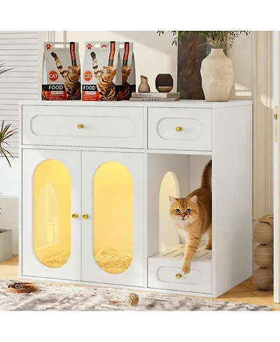 Streamdale Furniture Cat Litter Box Enclosure With Led Light, Storage Drawers, And Acrylic Doors