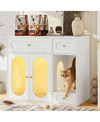 Streamdale Furniture Cat Litter Box Enclosure With Led Light, Storage Drawers, And Acrylic Doors
