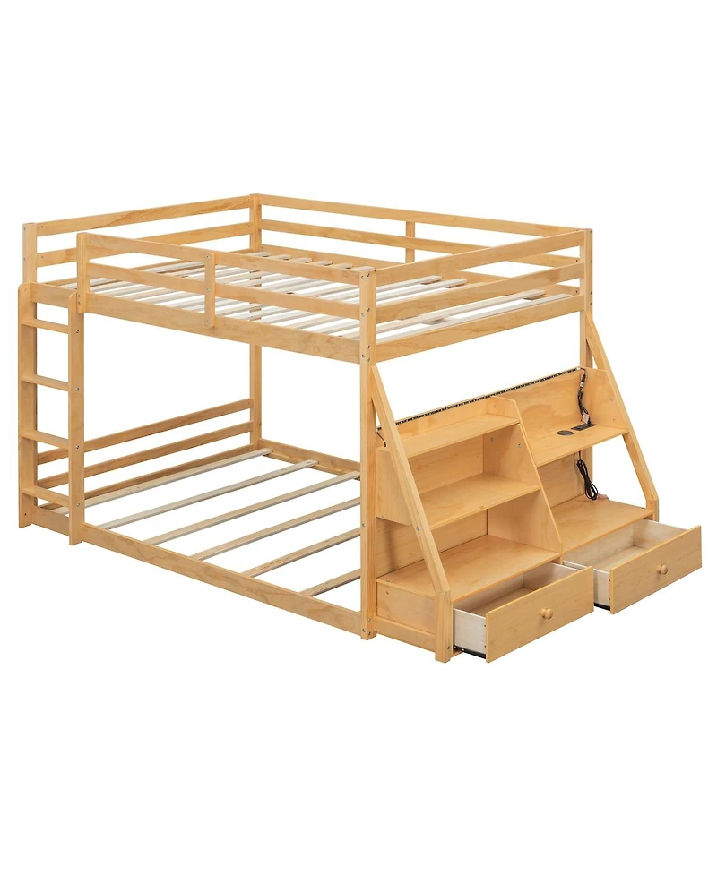 Streamdale Furniture Full Bunk Bed with Led Lights, Usb Ports, Storage Shelves and 2 Drawers
