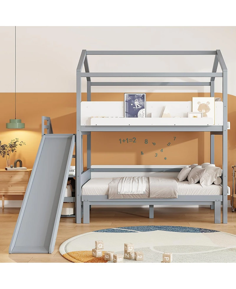 Streamdale Furniture House-Shaped Twin/Full Bunk Bed with Slide, Storage Stairs