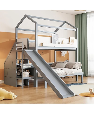 Streamdale Furniture House-Shaped Twin/Full Bunk Bed with Slide, Storage Stairs