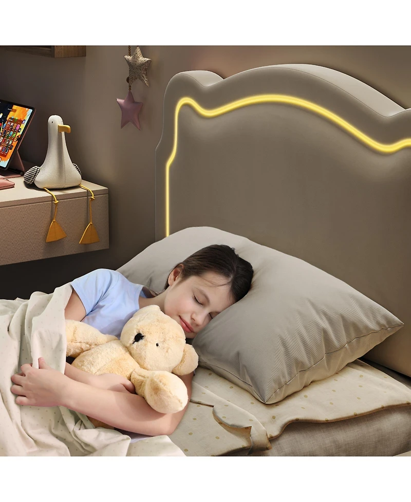 homfan Kids Upholstered Platform Bed with Bear-Shaped Adjustable Headboard and Rgb Led Lights, App/Remote Control, No Box Spring Needed