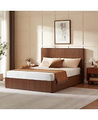 Streamdale Furniture Walnut Wave Pattern Platform Bed Frame With 44-Inch Headboard